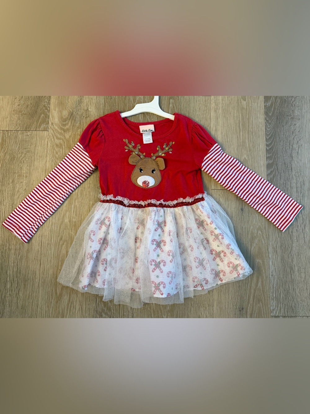 Little Lass Girl's Size 6 Red Reindeer Top With Candy Cane Printed Skirt